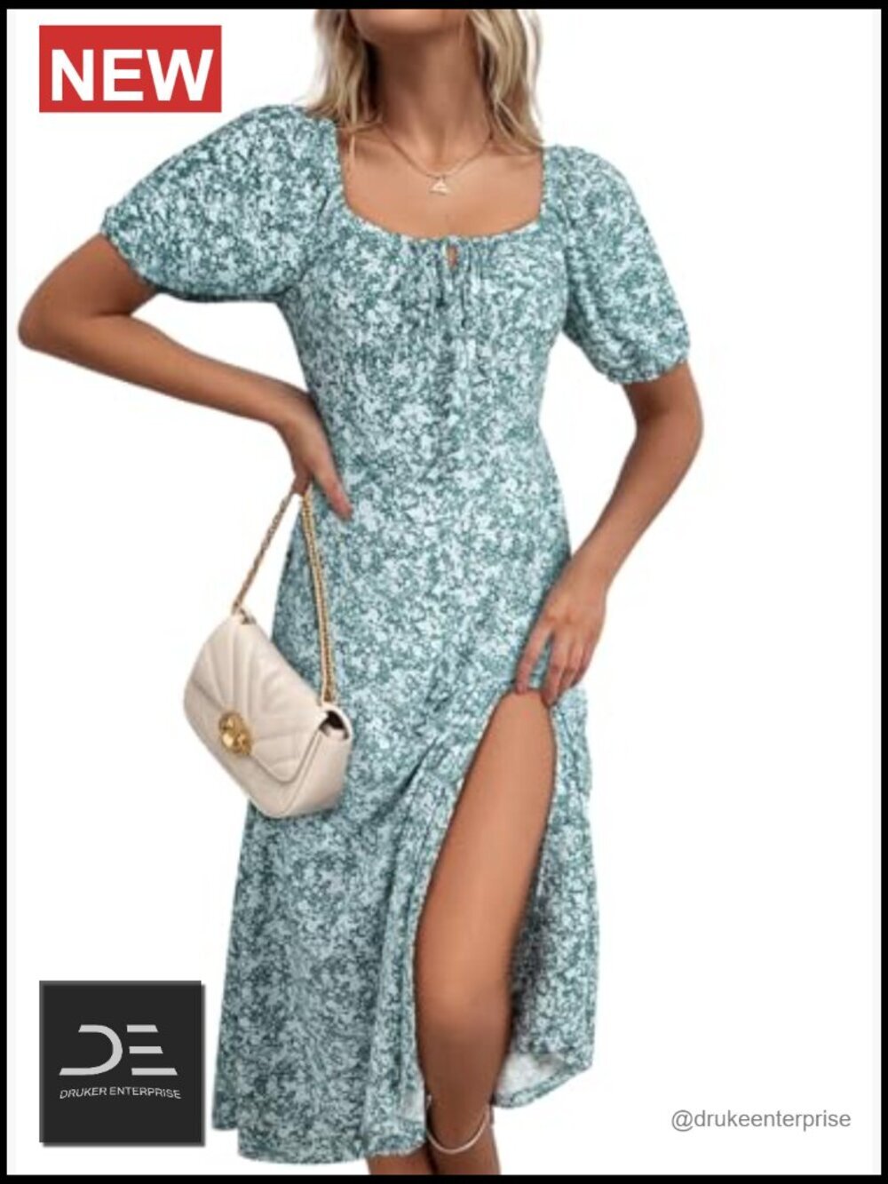 Square Neck Puff Short Sleeve High Waist Midi Dress with Side Slit - Picture 4 of 7